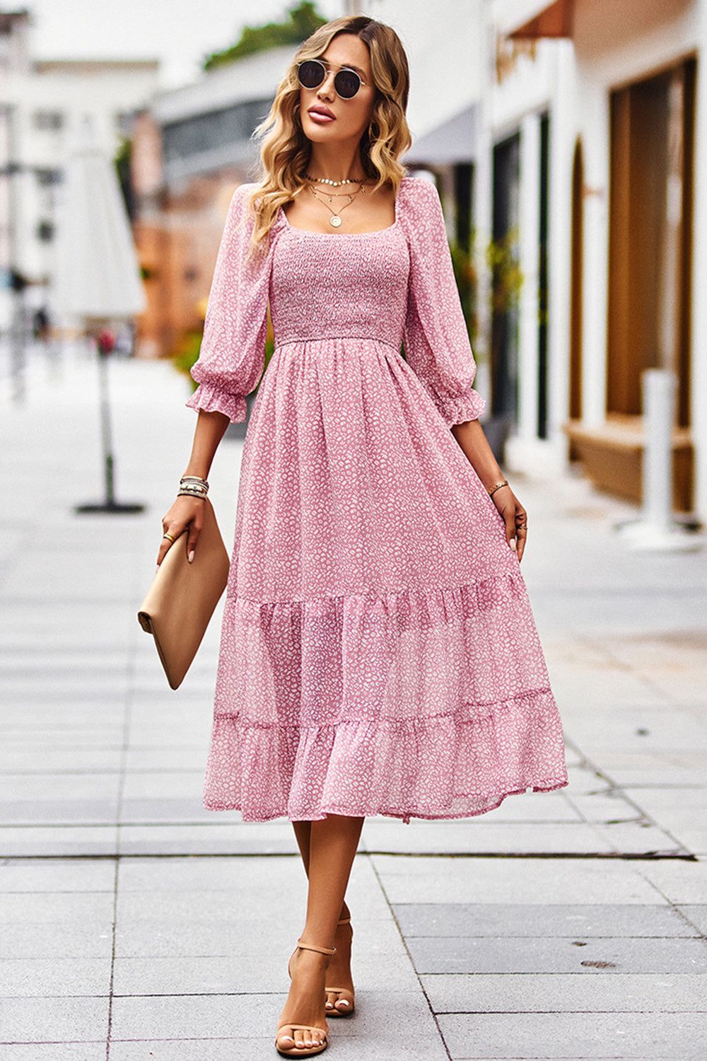 Pink Off the Shoulder Floral Printed Midi Summer Dress With Slit sold by Zapaka product image thumbnail 3