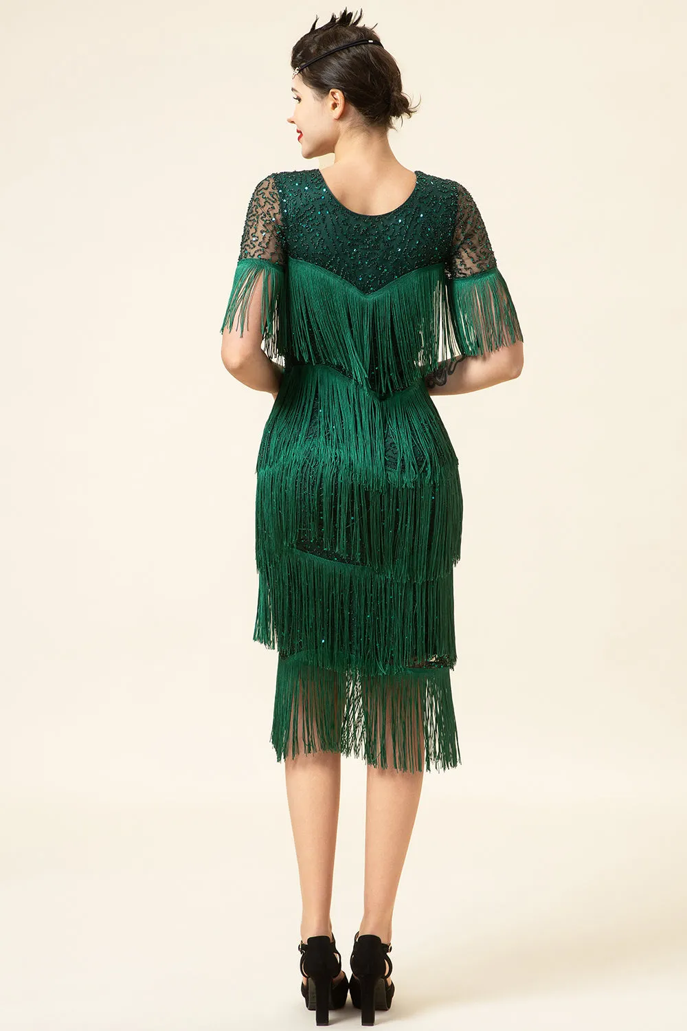 Round Neck Dark Green Beaded Gatsby 1920s Dress With Fringes sold by Zapaka product image thumbnail 2