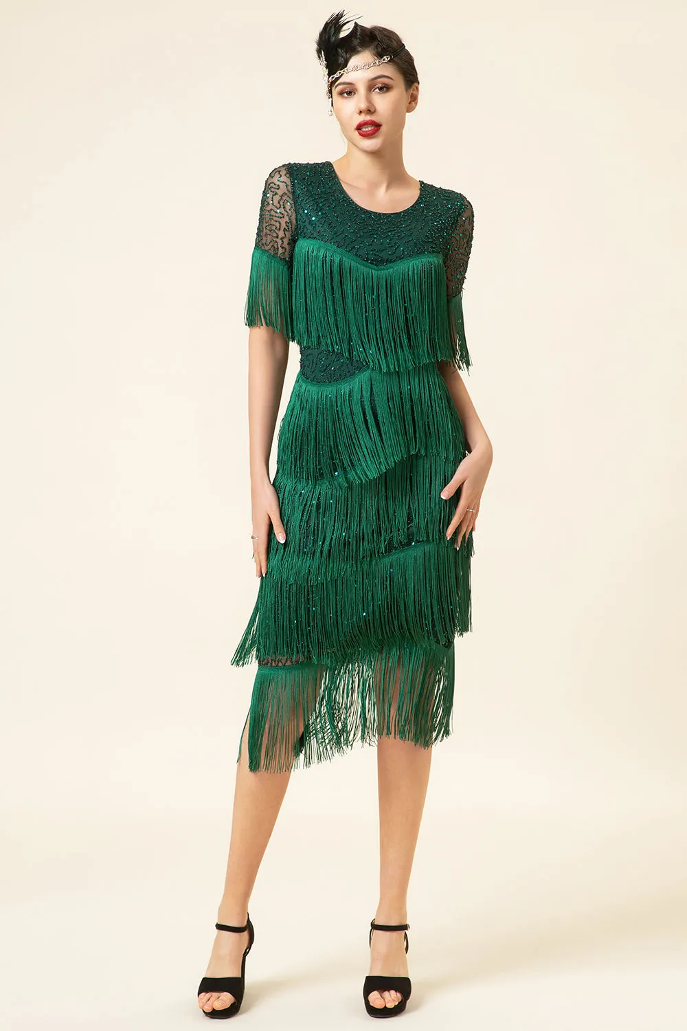 Round Neck Dark Green Beaded Gatsby 1920s Dress With Fringes sold by Zapaka product image thumbnail 3
