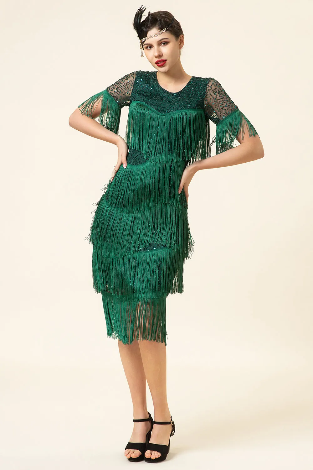 Round Neck Dark Green Beaded Gatsby 1920s Dress With Fringes sold by Zapaka product image thumbnail 5