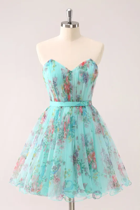 Fluffy Strapless Green Floral Short Homecoming Dress sold by Zapaka