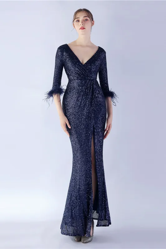 Navy Sequin V-neck Half Sleeves Sheath Formal Dress with Feather sold by Zapaka