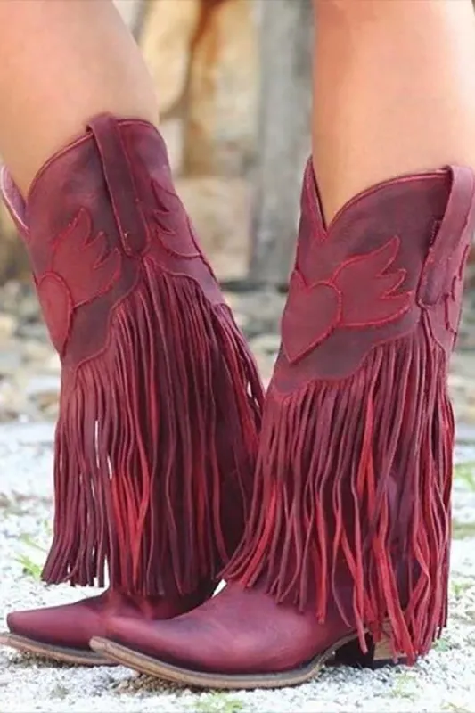 Dark Red Fringed Ankle Boots sold by Zapaka
