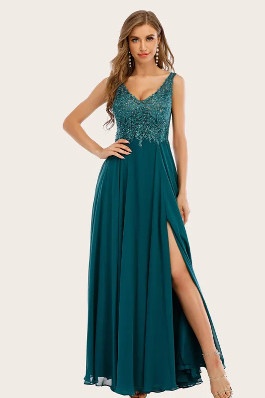 Turquoise Chiffon Long Prom Dress with Beading made by Zapaka