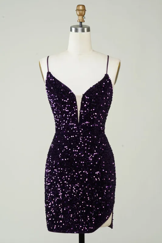 Sparkly Purple Sequins Backless Tight Short Homecoming Dress with Slit sold by Zapaka