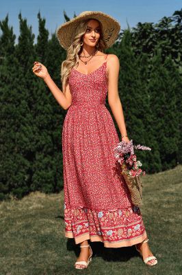 Red Printed Spaghetti Straps Boho Long Summer Dress sold by Zapaka