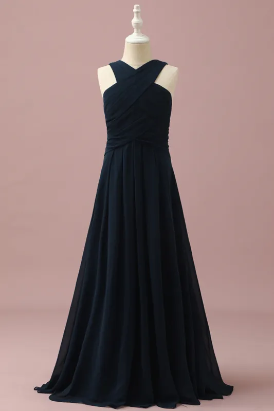 Navy Halter A-Line Sleeveless Junior Bridesmaid Dress sold by Zapaka