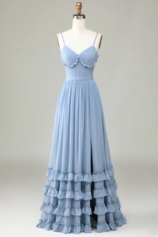 Dusty Blue Corset Spaghetti Straps Long Bridesmaid Dress With Criss Cross Back sold by Zapaka