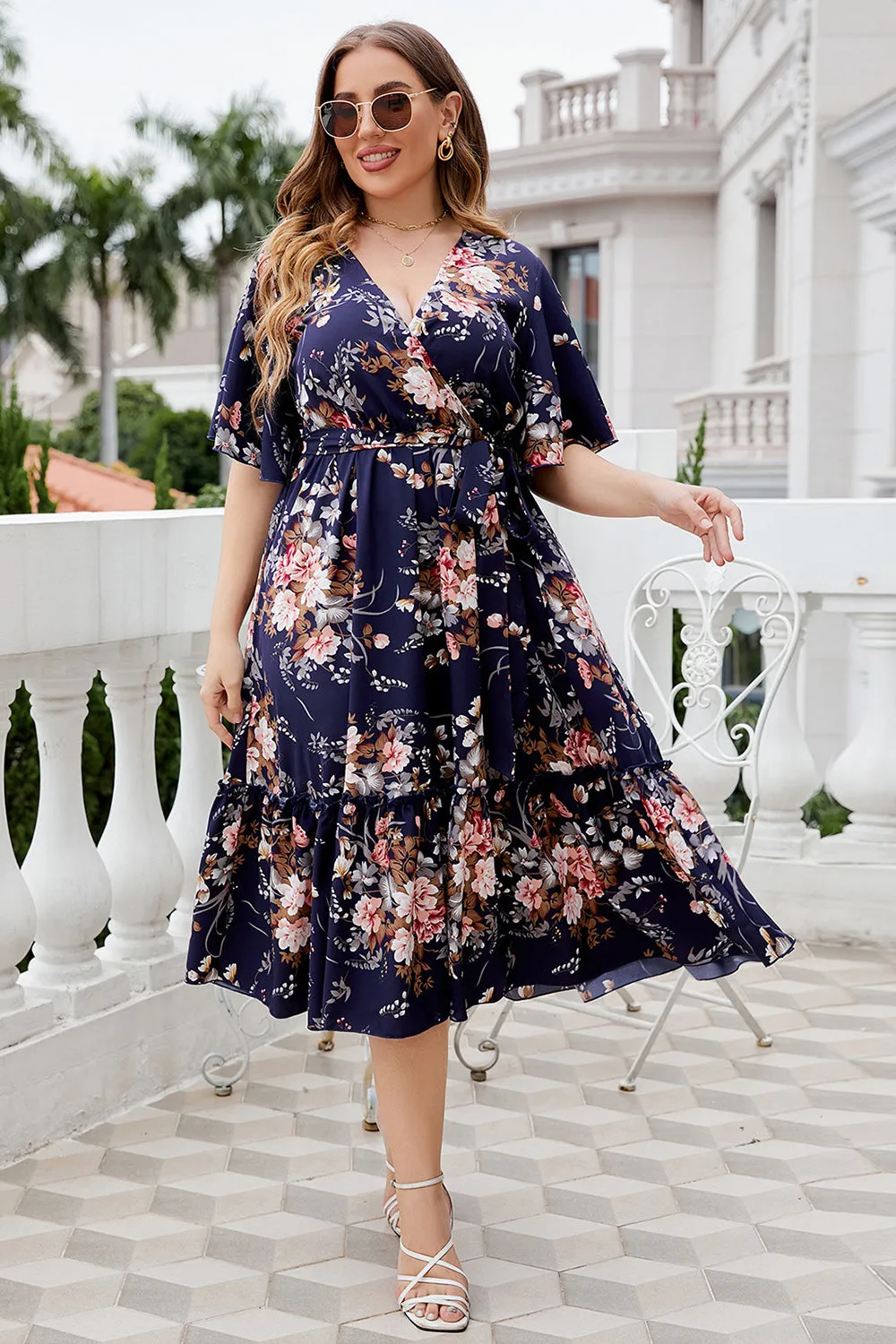 Plus Size V Neck Navy Summer Dress With Short Sleeves sold by Zapaka product image thumbnail 3