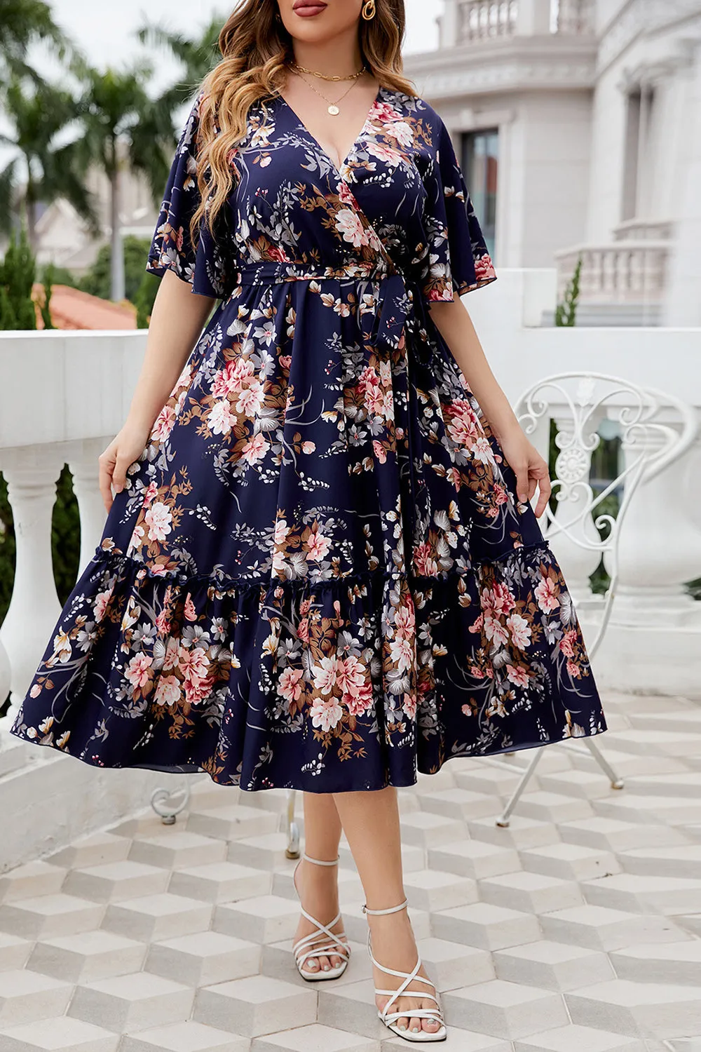 Plus Size V Neck Navy Summer Dress With Short Sleeves sold by Zapaka product image thumbnail 4