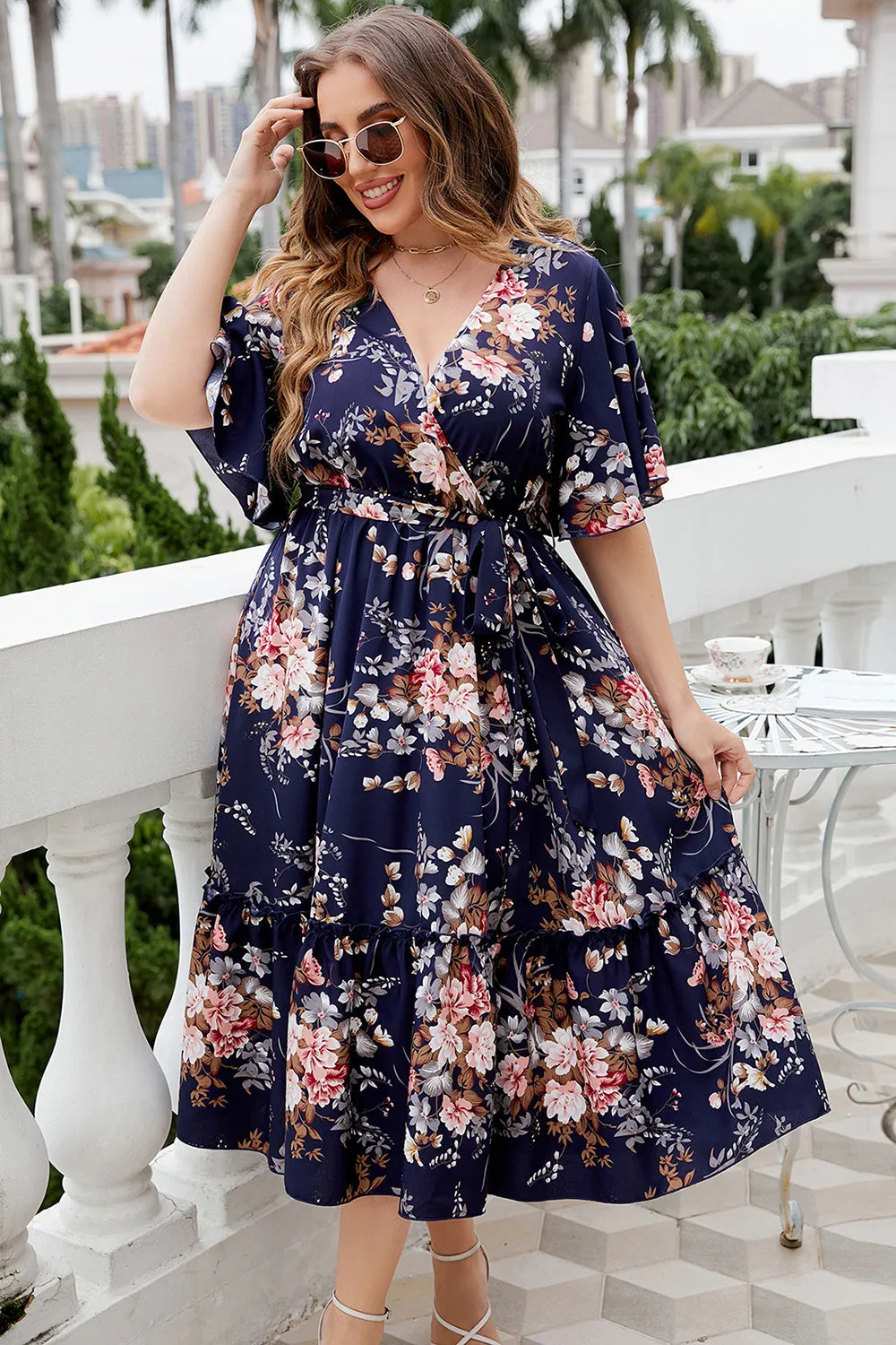Plus Size V Neck Navy Summer Dress With Short Sleeves sold by Zapaka