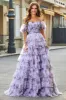 Removable Sleeves Purple Print Tiered Prom Dress with Accessory sold by Zapaka