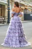 Removable Sleeves Purple Print Tiered Prom Dress with Accessory sold by Zapaka