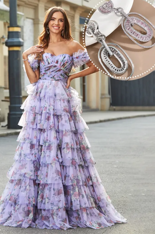 Removable Sleeves Purple Print Tiered Prom Dress with Accessory sold by Zapaka