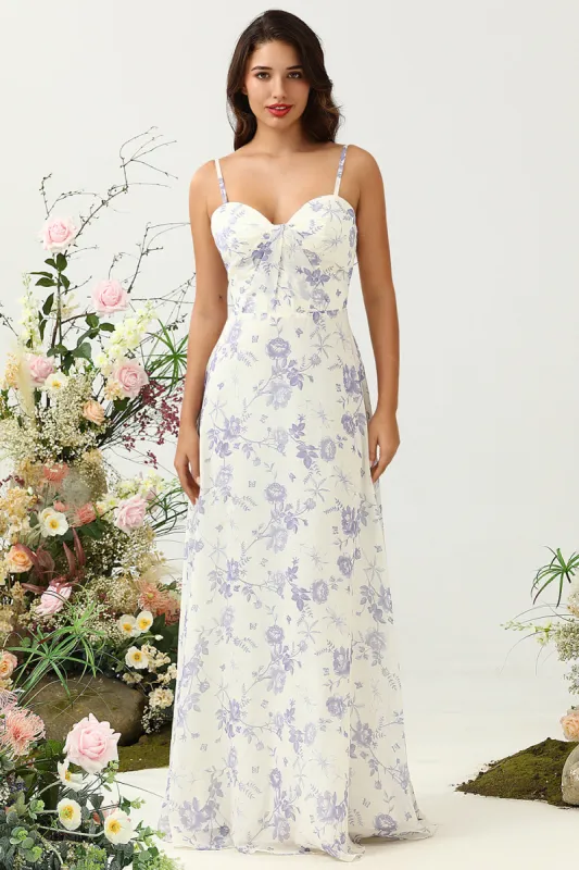 A Line Spaghetti Straps Purple Flower Printed Long Bridesmaid Dress sold by Zapaka