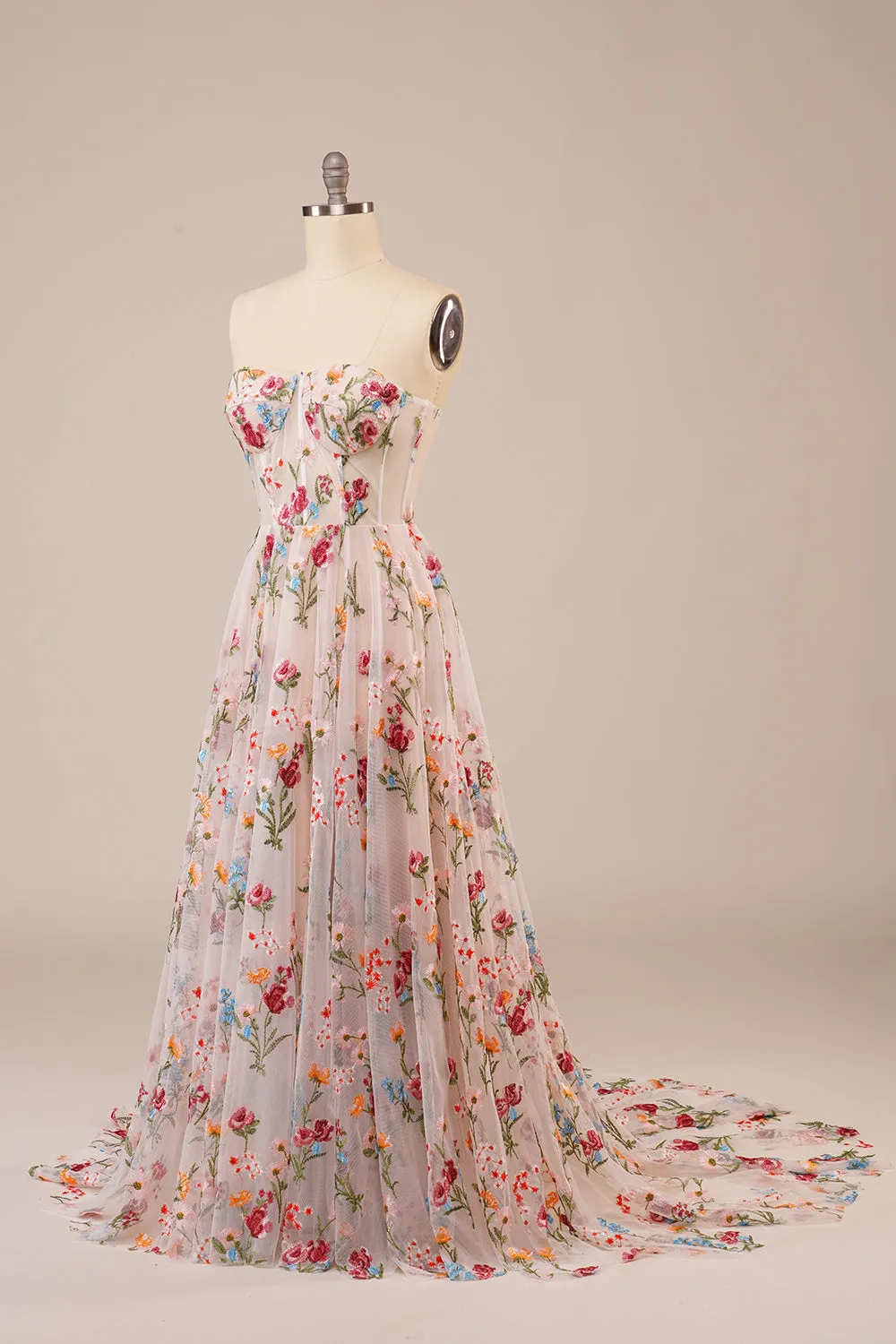 Tulle Strapless Sweep Train Ivory Long Wedding Dress with Embroidery sold by Zapaka product image thumbnail 3