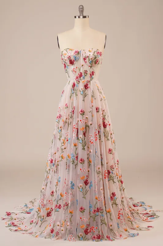 Tulle Strapless Sweep Train Ivory Long Wedding Dress with Embroidery sold by Zapaka