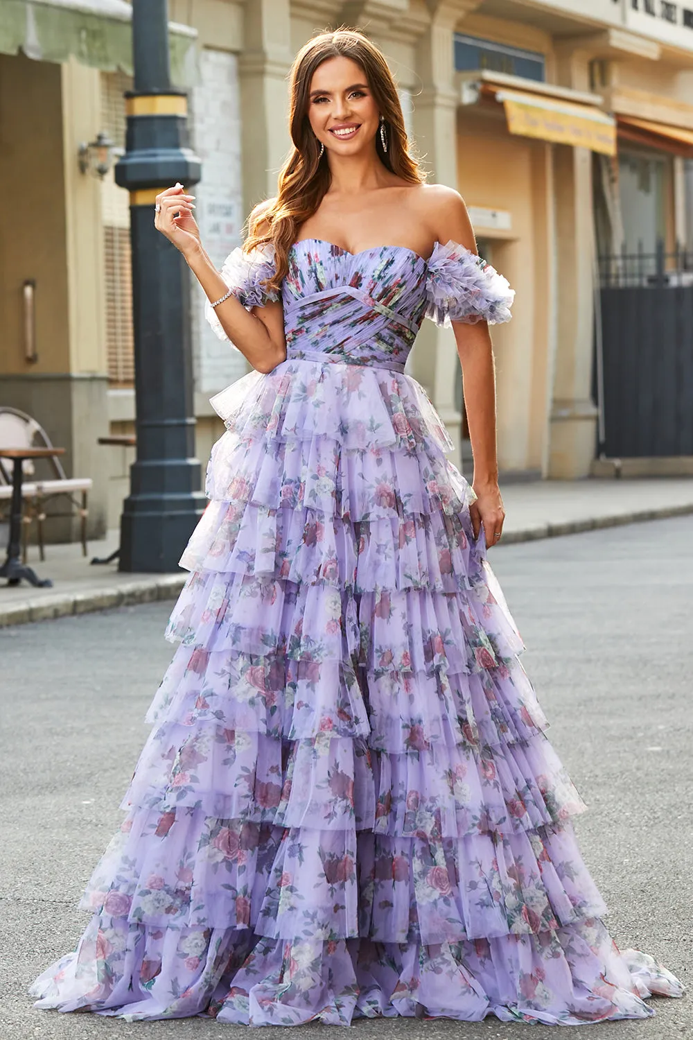 Gorgeous A Line Off the Shoulder Lavender Printed Long Prom Dress with Ruffles sold by Zapaka product image thumbnail 5