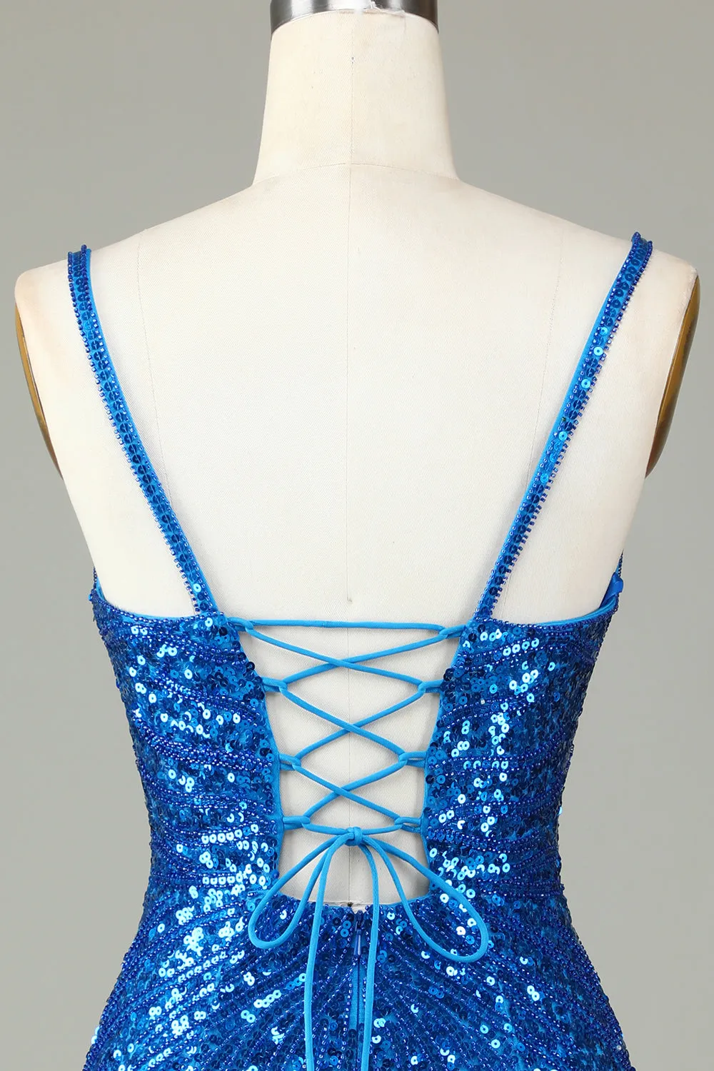 Sparkly Bodycon Spaghetti Straps Blue Lace-Up Back Short Homecoming Dress with Beading sold by Zapaka product image thumbnail 4