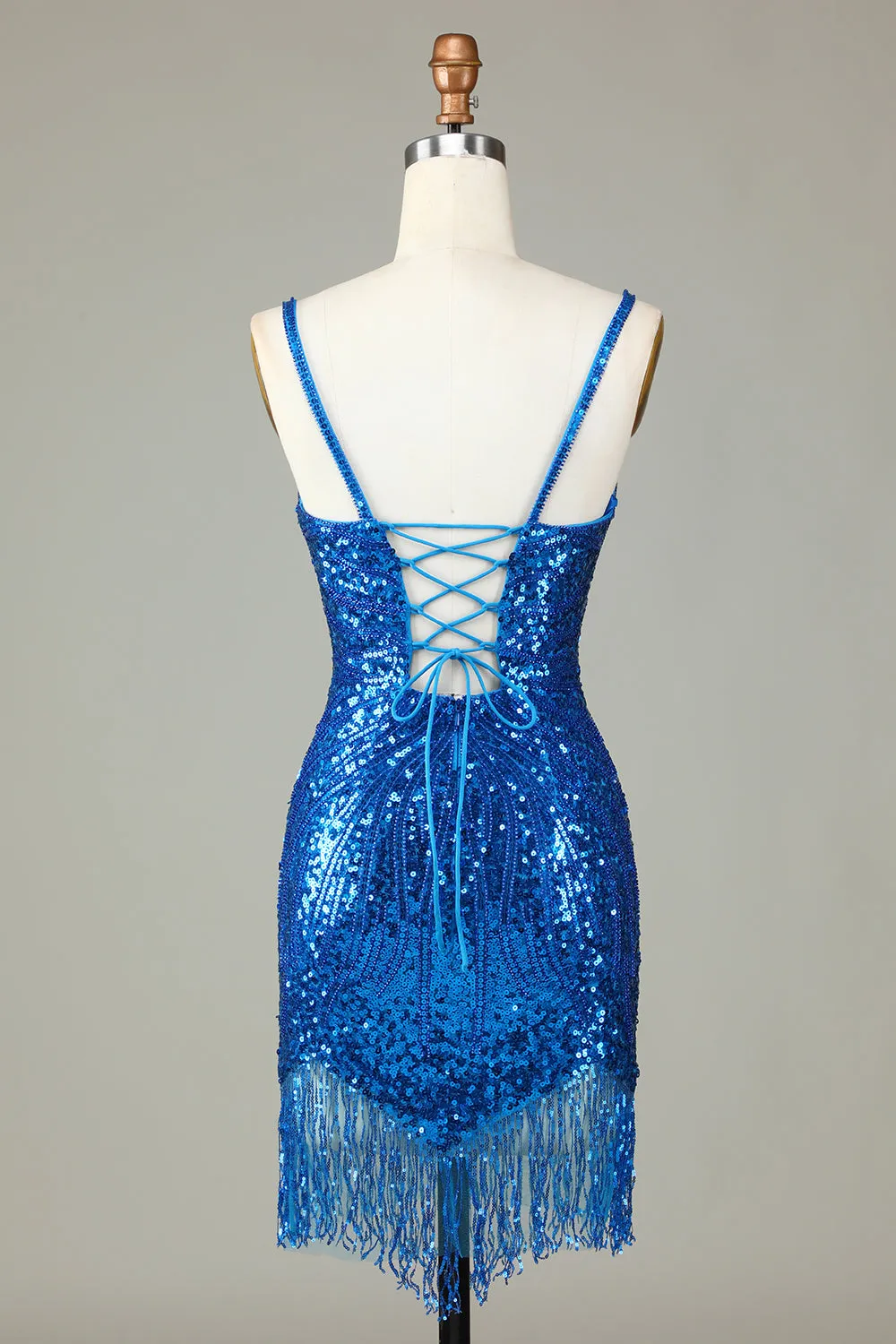 Sparkly Bodycon Spaghetti Straps Blue Lace-Up Back Short Homecoming Dress with Beading sold by Zapaka product image thumbnail 2