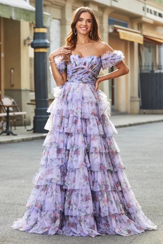 Gorgeous A Line Off the Shoulder Lavender Printed Long Prom Dress with Ruffles sold by Zapaka