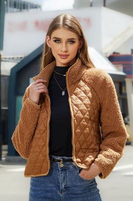 Camel Fleece Patchwork Quilted Cropped Women Puffer Jacket sold by Zapaka