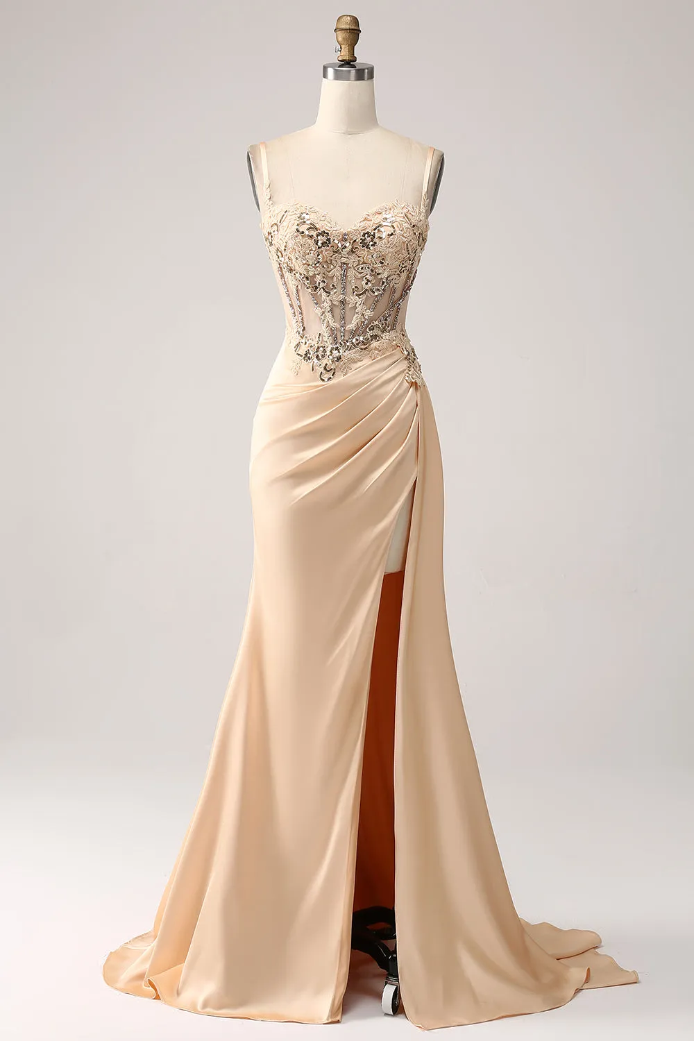 Elegant Champagne Mermaid Pleated Satin Prom Dress With Appliques sold by Zapaka