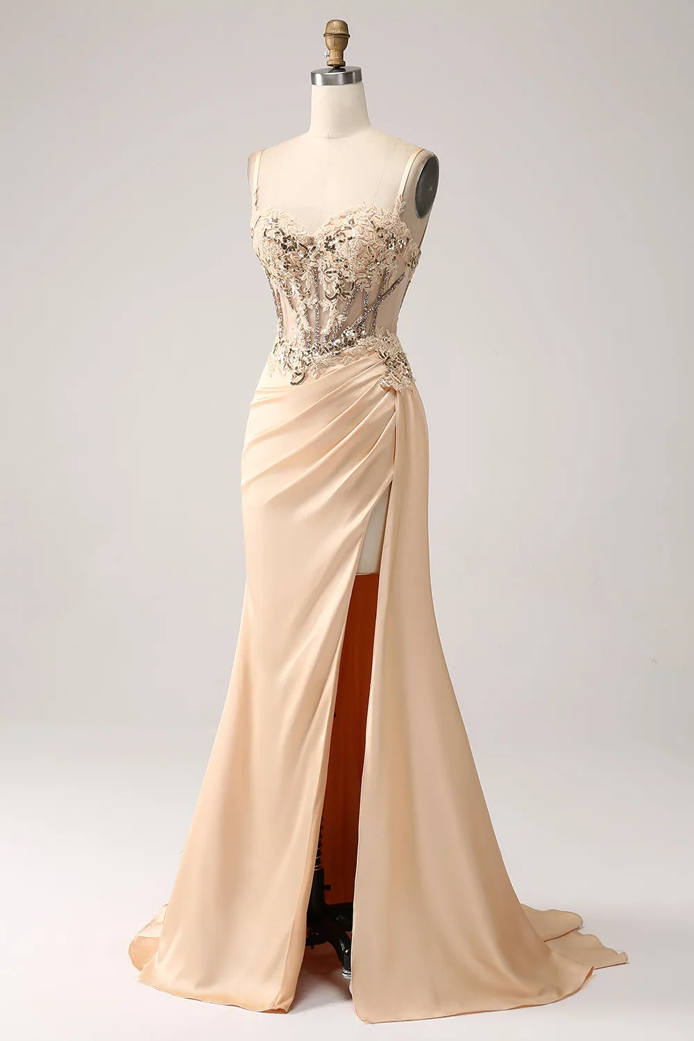 Elegant Champagne Mermaid Pleated Satin Prom Dress With Appliques sold by Zapaka product image thumbnail 3