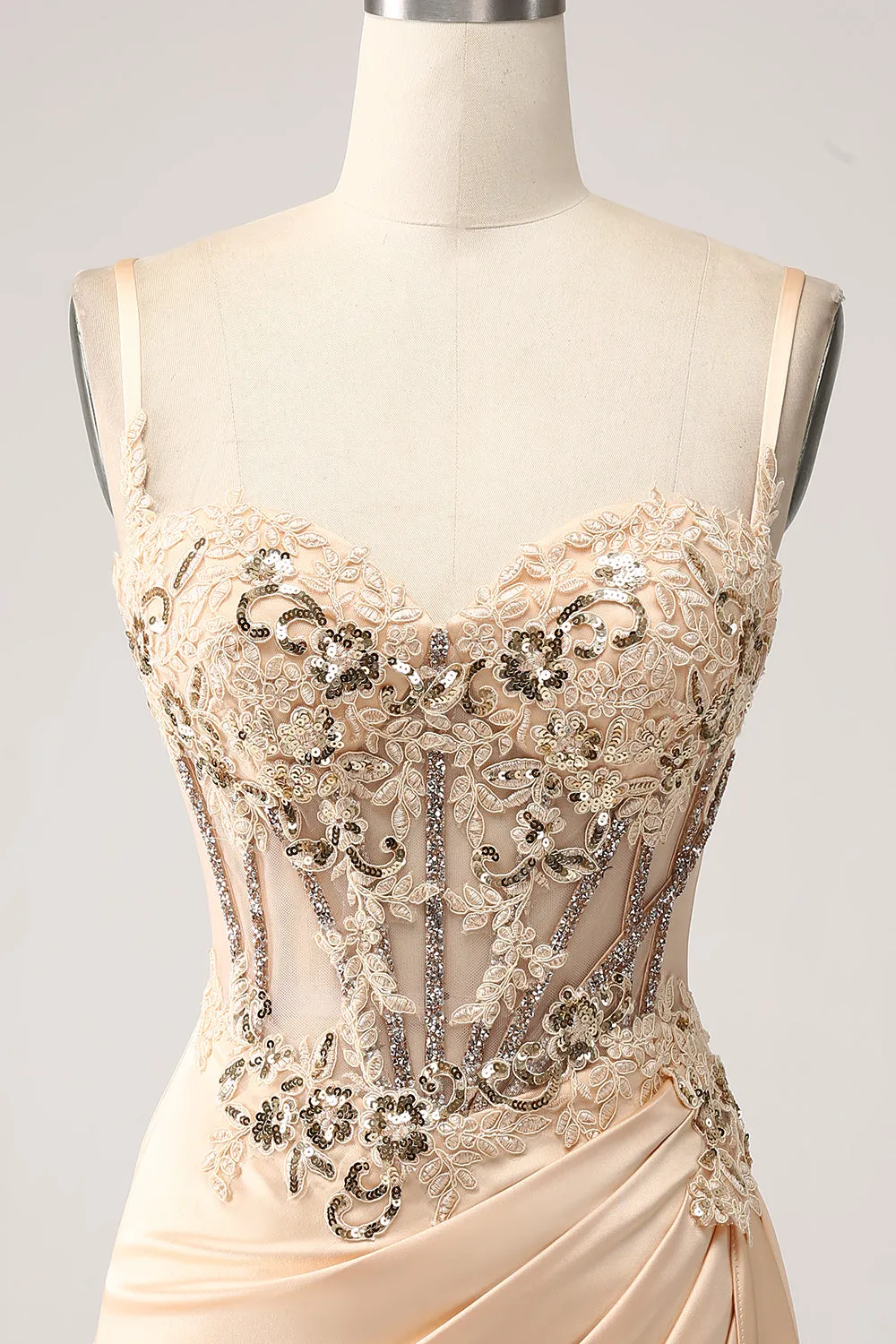 Elegant Champagne Mermaid Pleated Satin Prom Dress With Appliques sold by Zapaka product image thumbnail 4