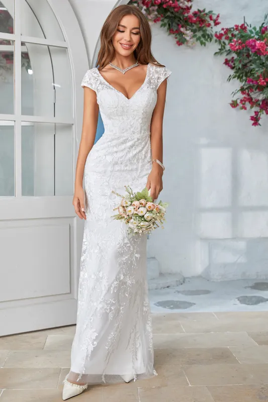 Ivory Mermaid Lace V-Neck Wedding Dress sold by Zapaka