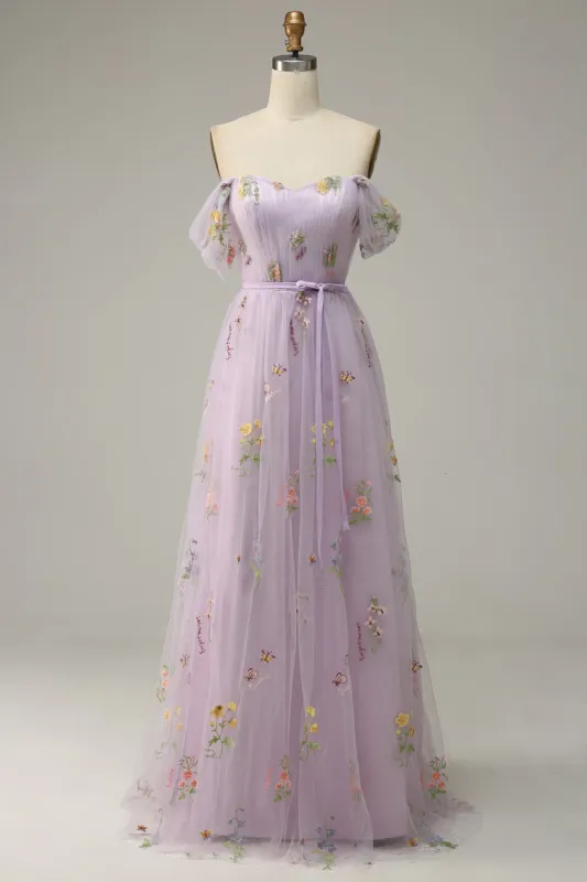 Lavender A Line Tulle Off Shoulder Prom Dress sold by Zapaka