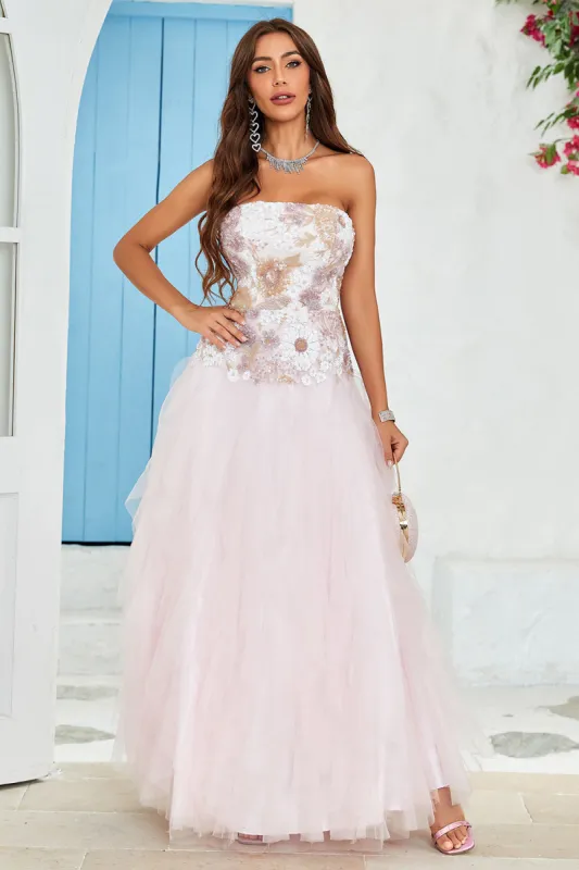 Strapless A Line Pink Tulle Prom Dress with Appliques sold by Zapaka
