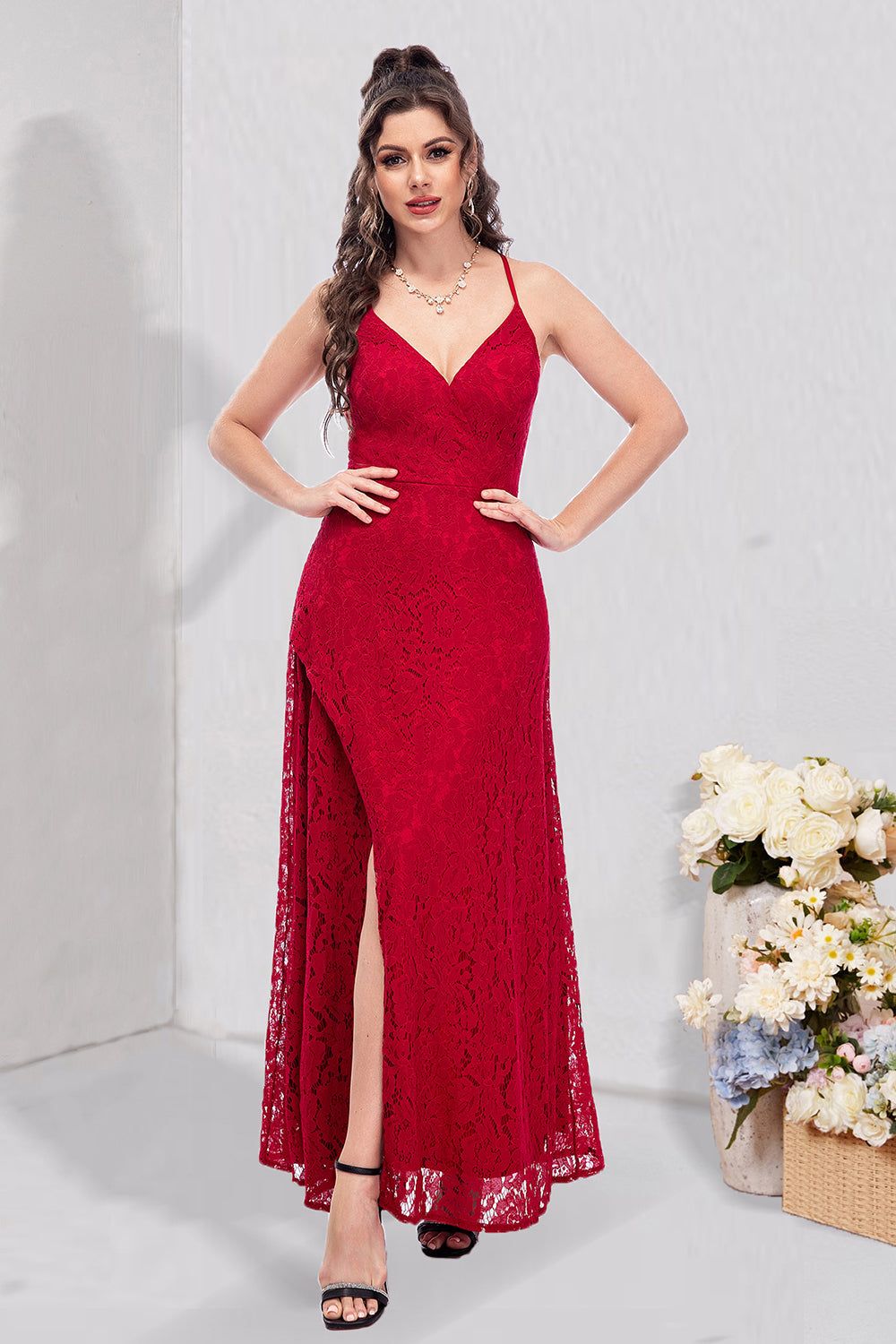 Red Lace Spaghetti Straps Prom Dress with Slit sold by Zapaka product image thumbnail 5