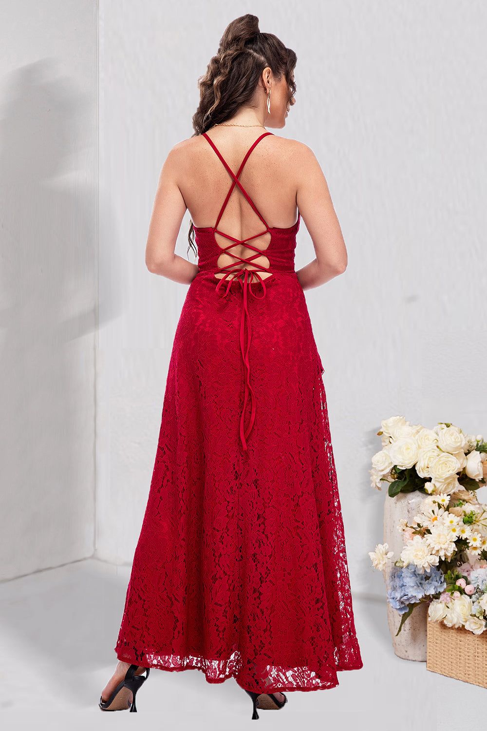 Red Lace Spaghetti Straps Prom Dress with Slit sold by Zapaka product image thumbnail 2