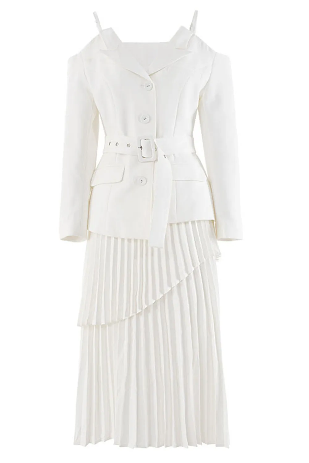 White Belted Pleated Chiffon Women Blazer sold by Zapaka