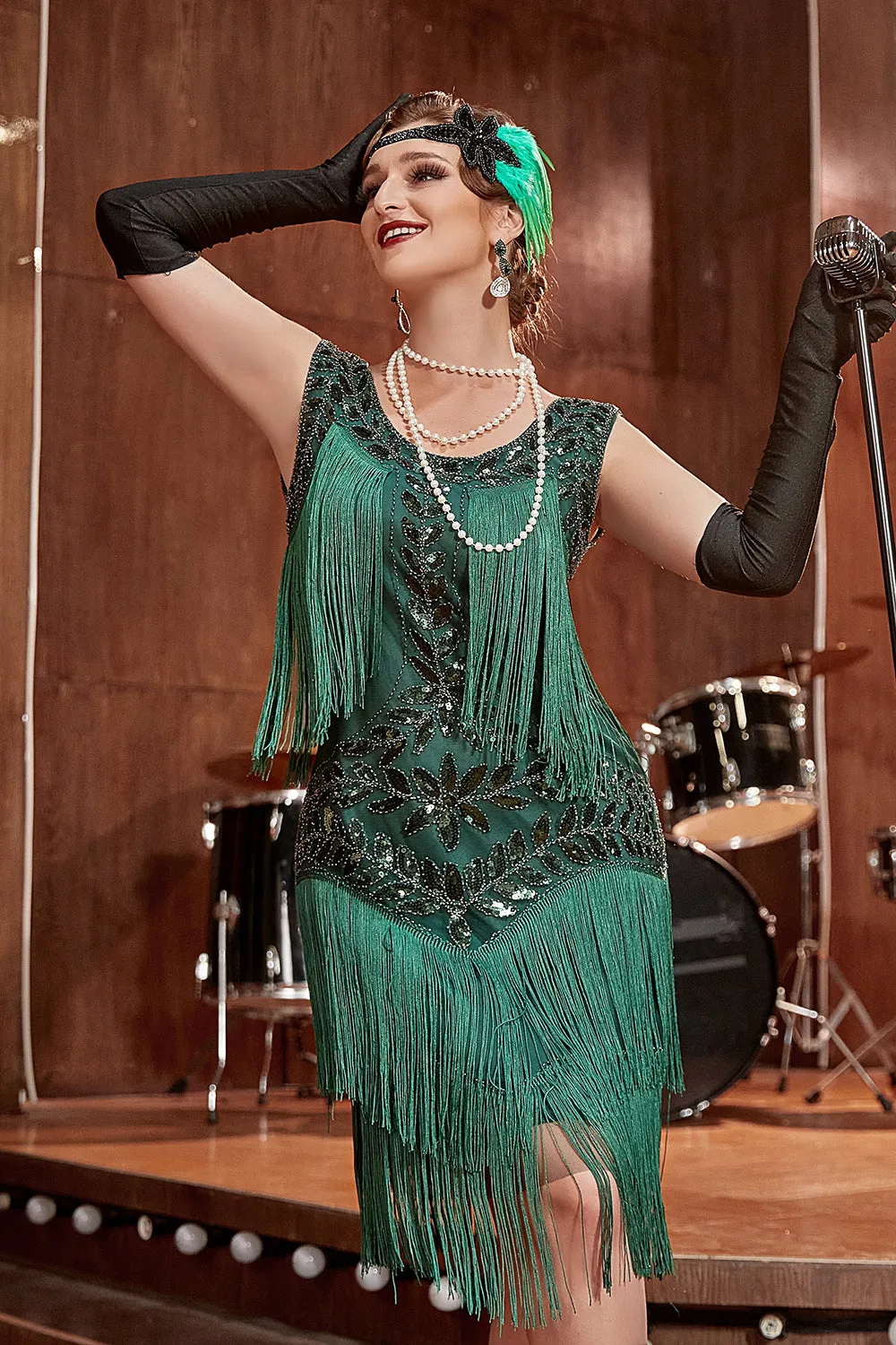 Dark Green Gatsby 1920s Dress with Sequins and Fringes sold by Zapaka product image thumbnail 3