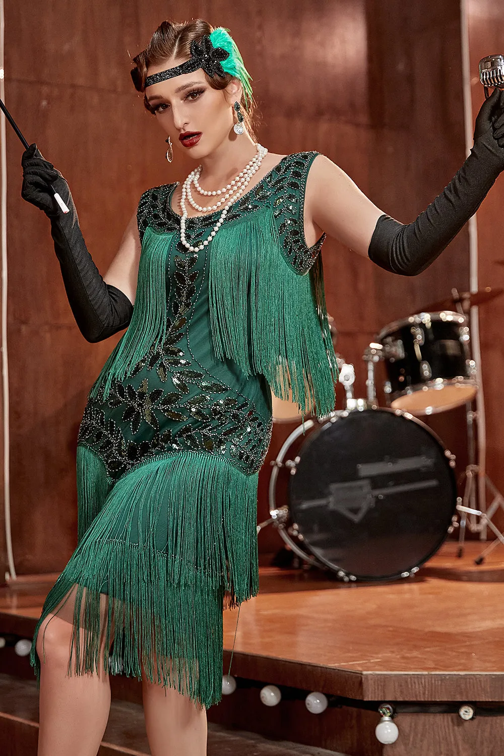 Dark Green Gatsby 1920s Dress with Sequins and Fringes sold by Zapaka product image thumbnail 4