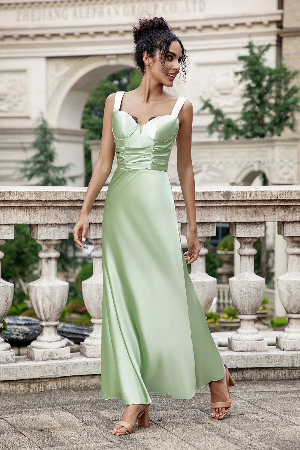 Green Mermaid Square Neck Long Satin Bridesmaid Dress with Eyelash Lace sold by Zapaka product image thumbnail 3