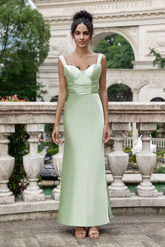 Green Mermaid Square Neck Long Satin Bridesmaid Dress with Eyelash Lace sold by Zapaka