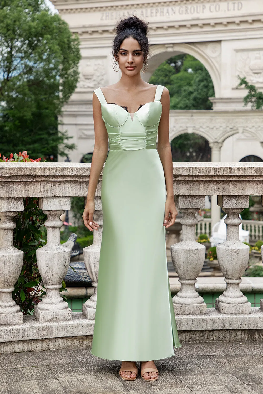 Green Mermaid Square Neck Long Satin Bridesmaid Dress with Eyelash Lace sold by Zapaka