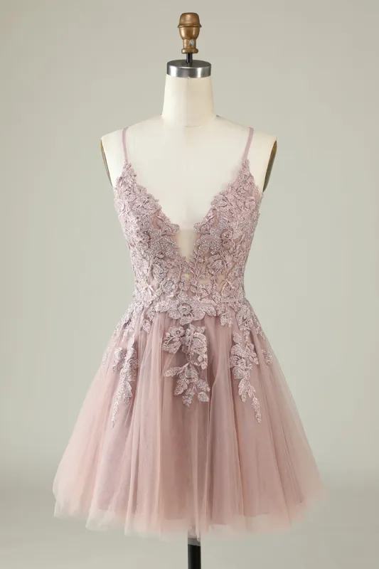 A Line Spaghetti Straps Blush Short Homecoming Dress with Appliques sold by Zapaka