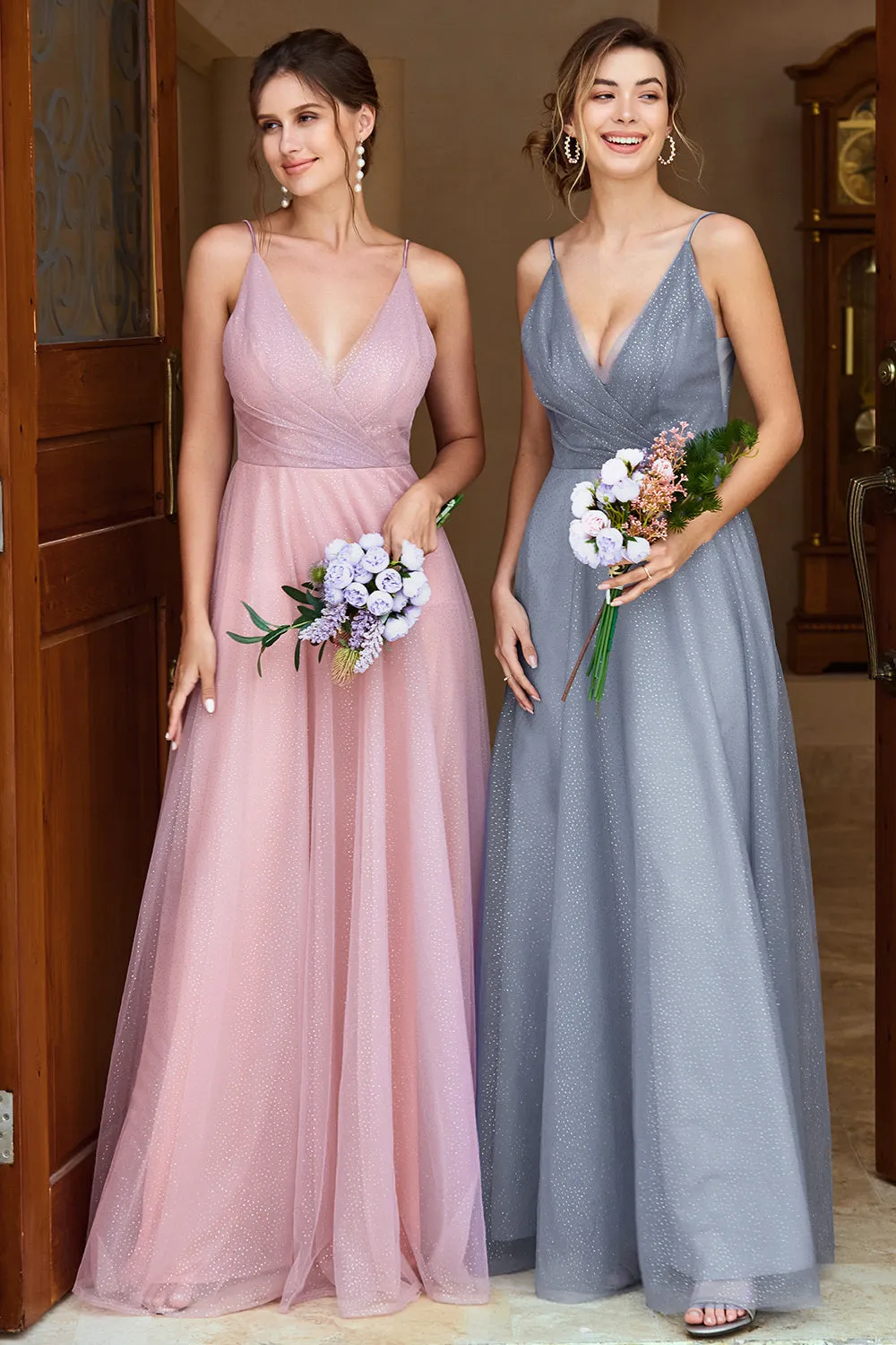A Line Spaghetti Straps Grey Pink Bridesmaid Dress sold by Zapaka