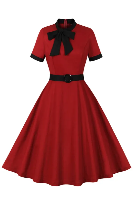 Red Stand Collar Vintage 1950s Dress with Bow sold by Zapaka
