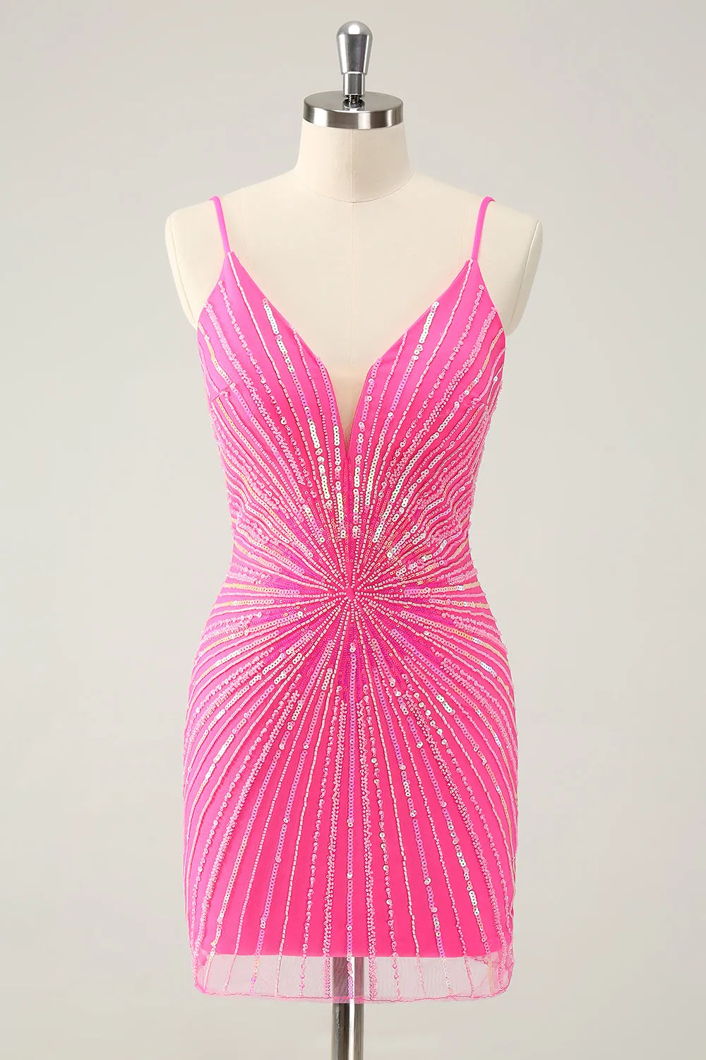Hot Pink Spaghetti Straps Tight Short Backless Homecoming Dress with Sequins sold by Zapaka