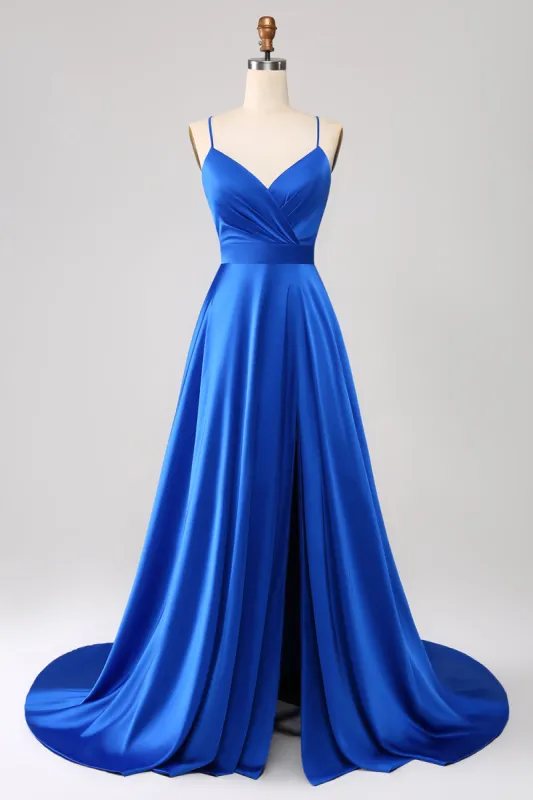 Royal Blue A Line Spaghetti Straps Satin Prom Dress with Slit sold by Zapaka