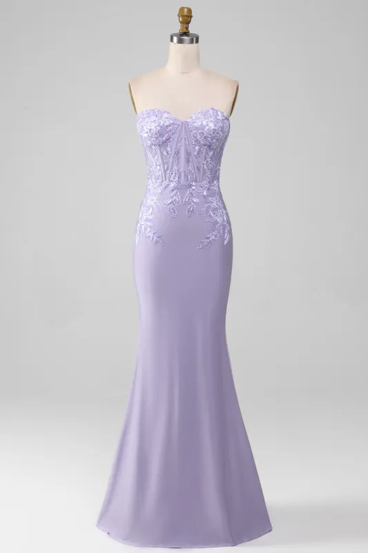 Lilac Sheath Strapless Corset Prom Dresses With Lace Appliques sold by Zapaka