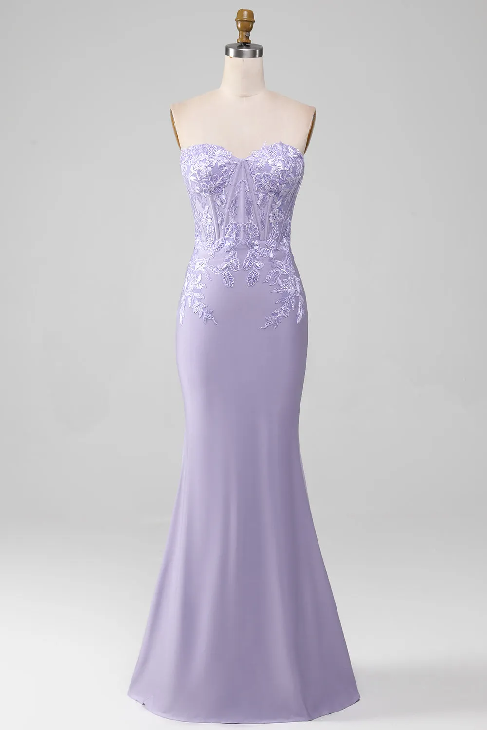 Lilac Sheath Strapless Corset Long Prom Dresses With Lace Appliques sold by Zapaka