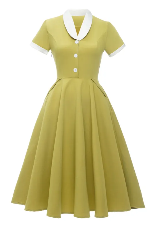V Neck Lemon Yellow Vintage Dress with Short Sleeves sold by Zapaka
