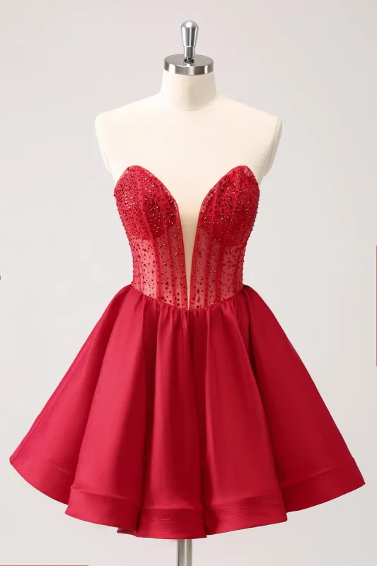 Cute Red A Line Strapless Ruffle Short Homecoming Dress with Beading made by Zapaka