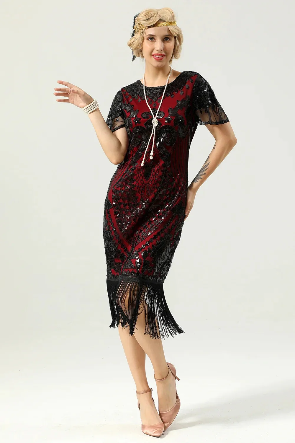 Black Red Sequins Fringed Cap Sleeves 1920s Dress with Accessories Set sold by Zapaka product image thumbnail 3